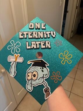 Teal Glitter Graduation Cap Topper with 'One Eternity Later'